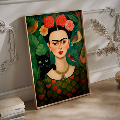 Woman with black cat floral wall art print in a wood frame