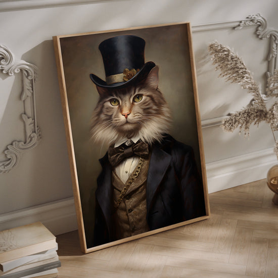 Victorian cat wall art in a wood frame