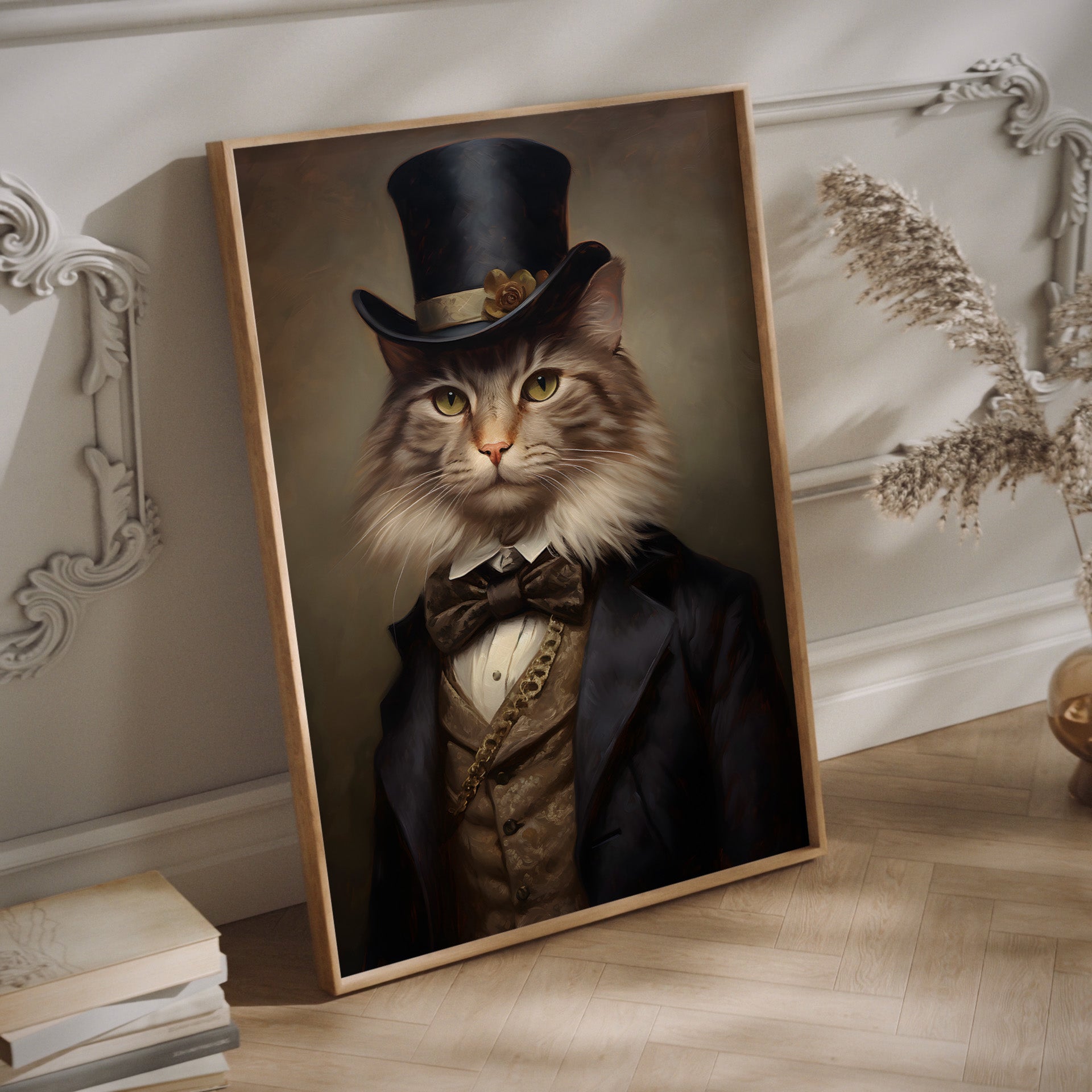 Victorian cat wall art in a wood frame