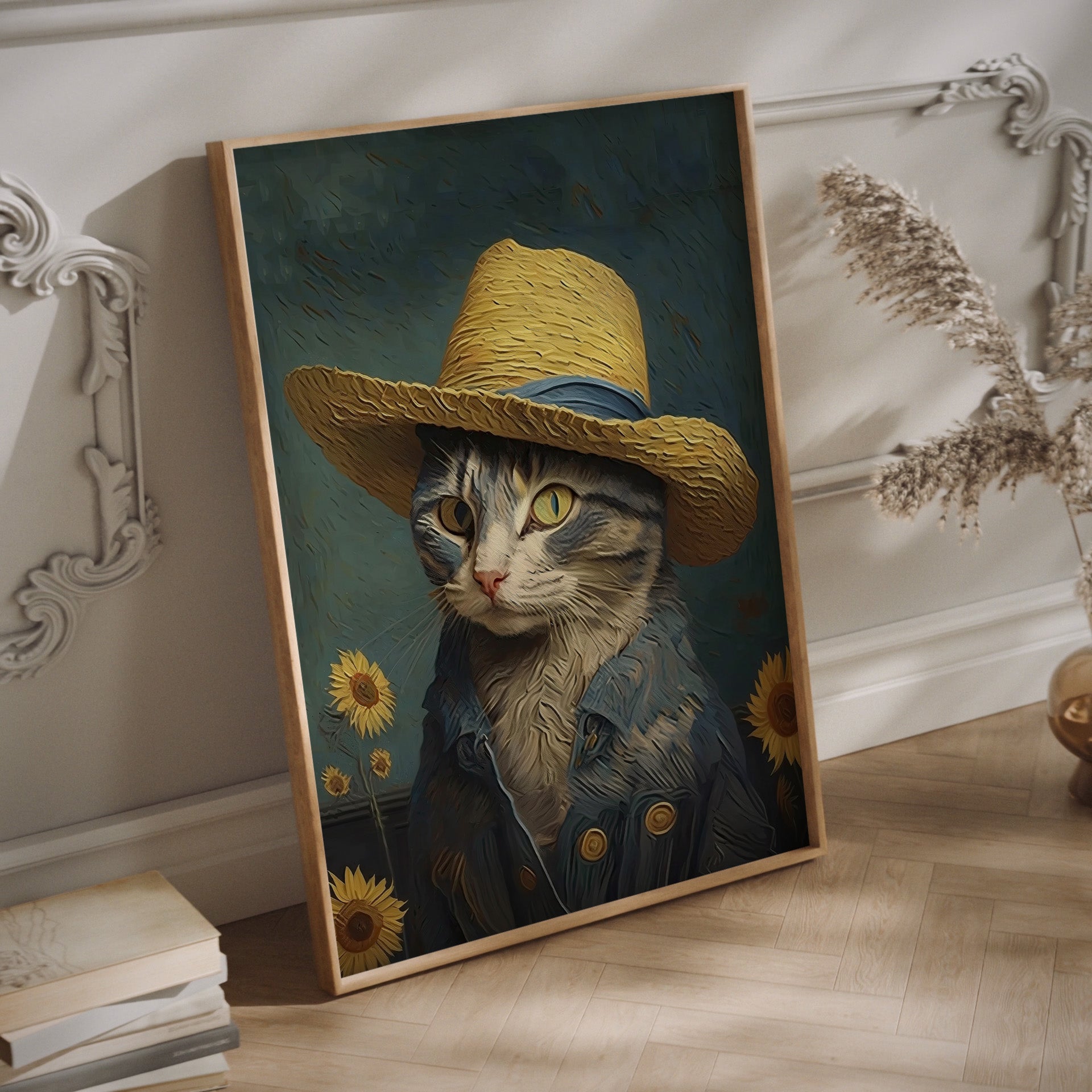 van gogh cat wall art in a wood frame