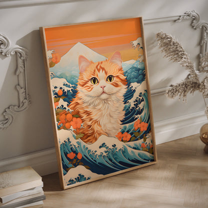 Hokusai cat wall art print in a wood frame