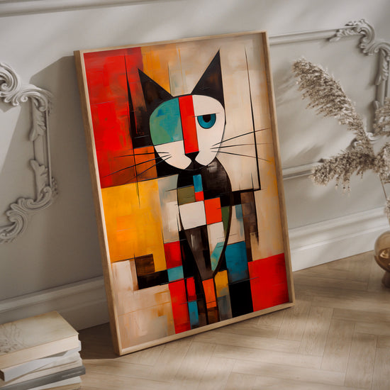 Mondrian cat wall art in a wood frame