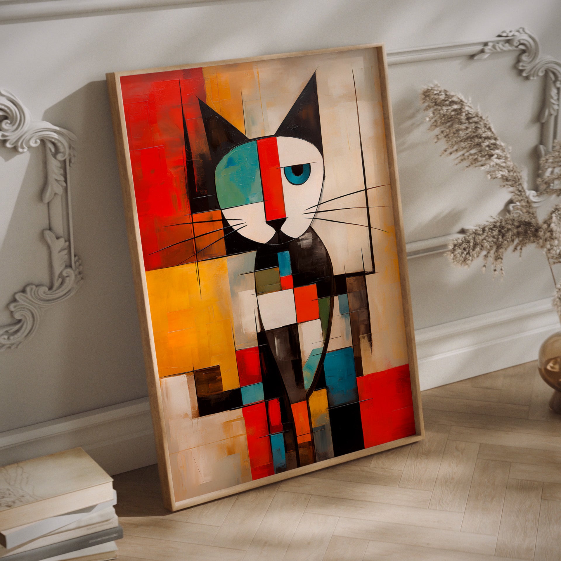 Mondrian cat wall art in a wood frame