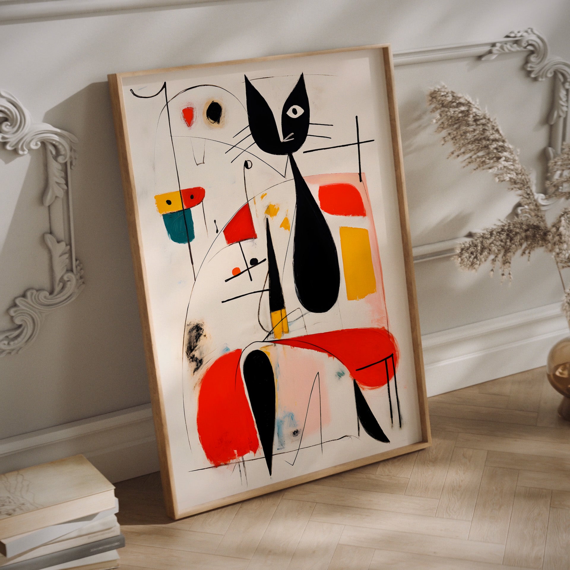 Miro cat wall art in a wood frame