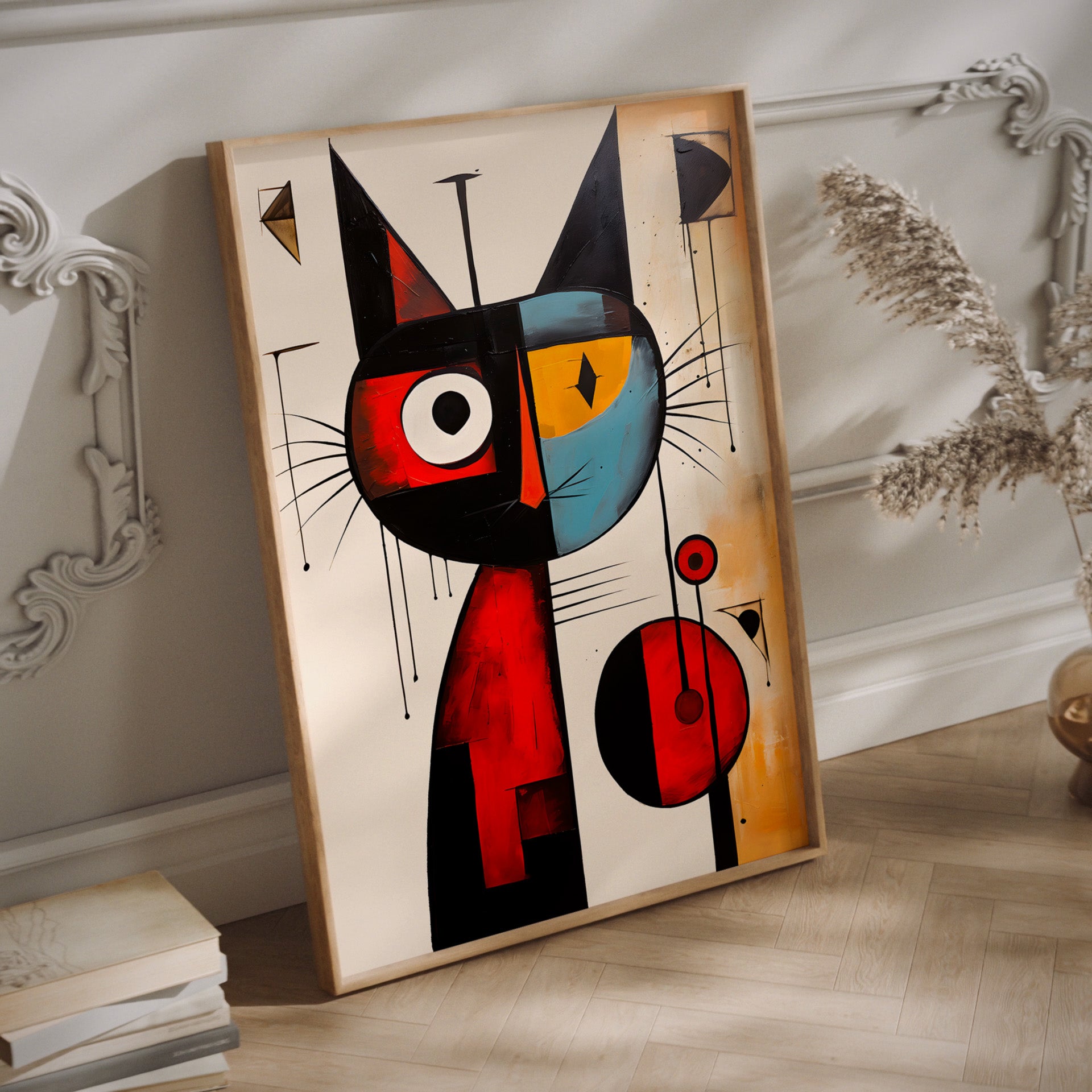Miro cat abstract wall art in a wood frame