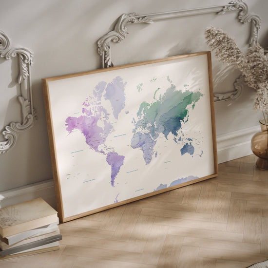 Lavender world map art in a wood frame
