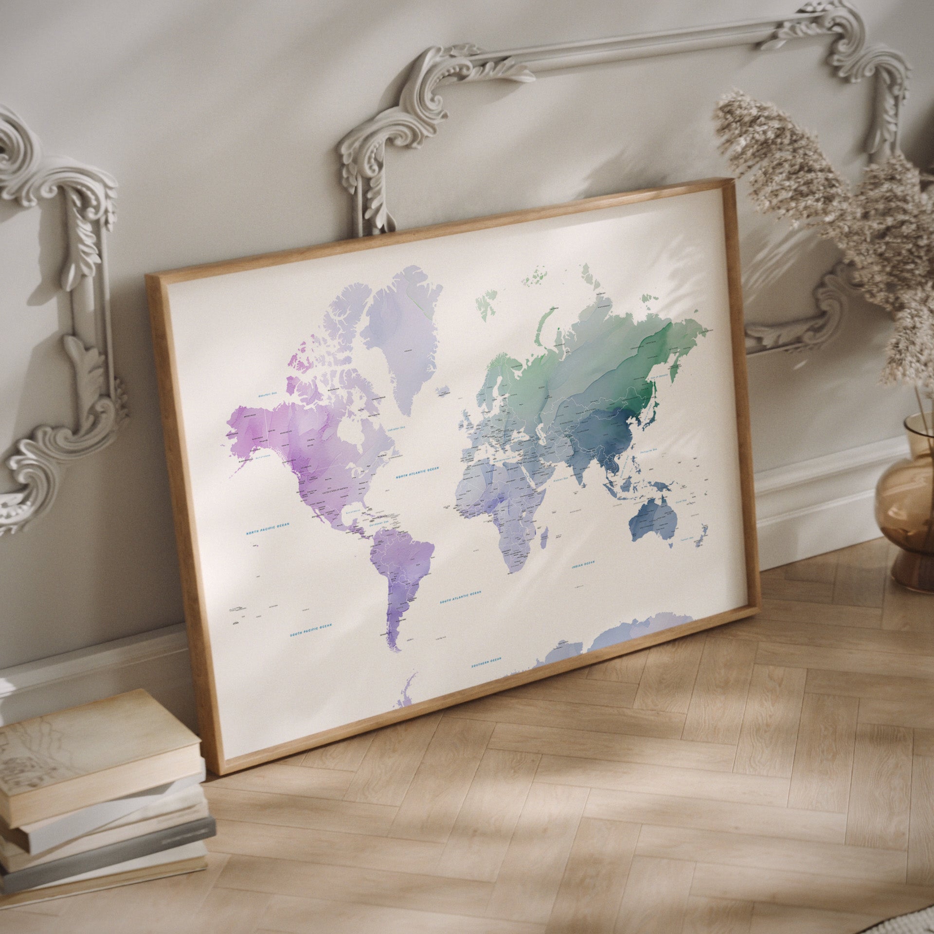 Lavender world map art in a wood frame
