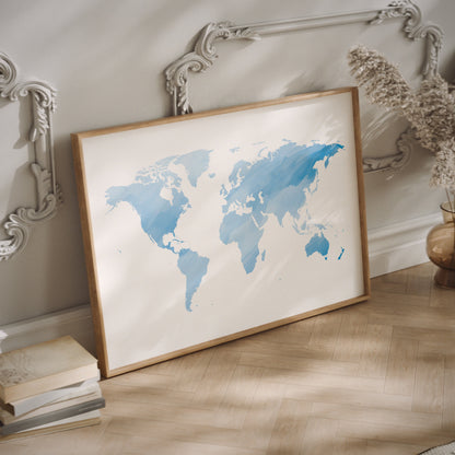 Blue watercolor world map print