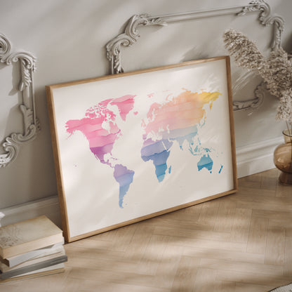 Nursery watercolor world map print in a wood frame