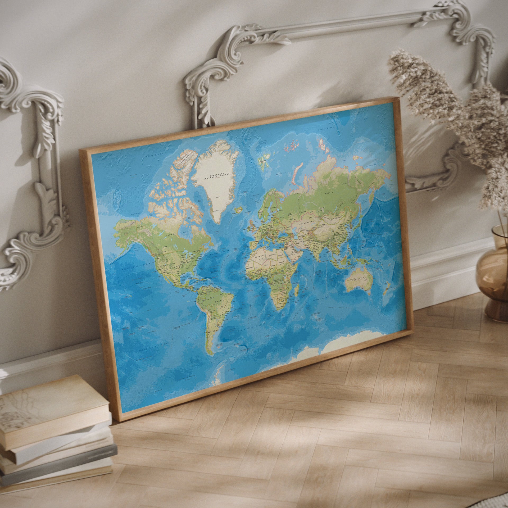 Political World Map in a wood frame