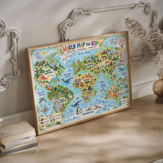 World map for kids in a wood frame