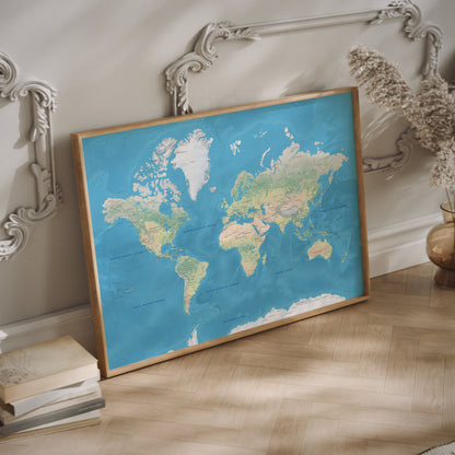 Physical World Map art in a wood frame