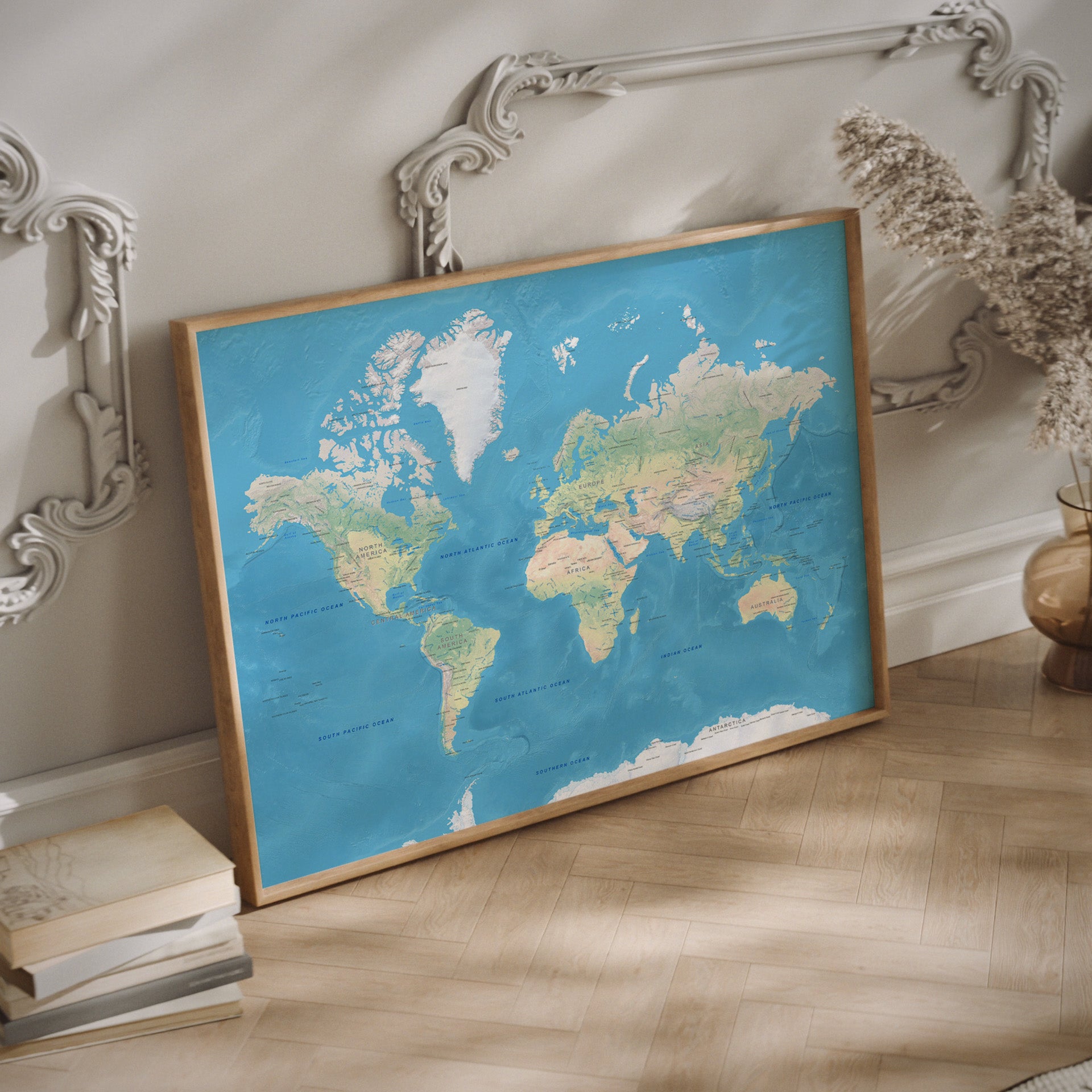 Physical World Map art in a wood frame