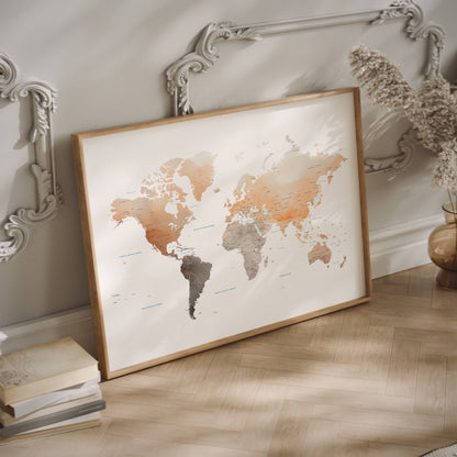 Earth watercolor world map wall art