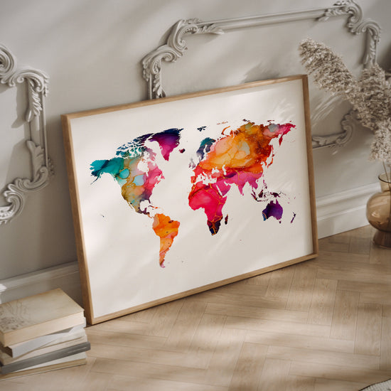 Colorful World map wall art on a wooden floor.