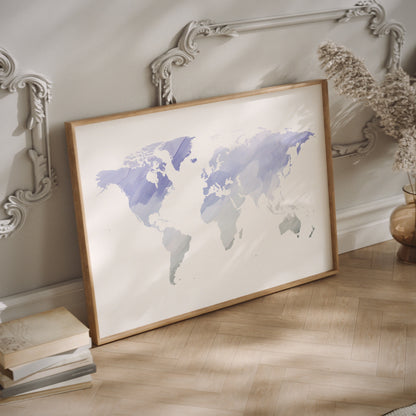 Lavender watercolor world map in a wood frame
