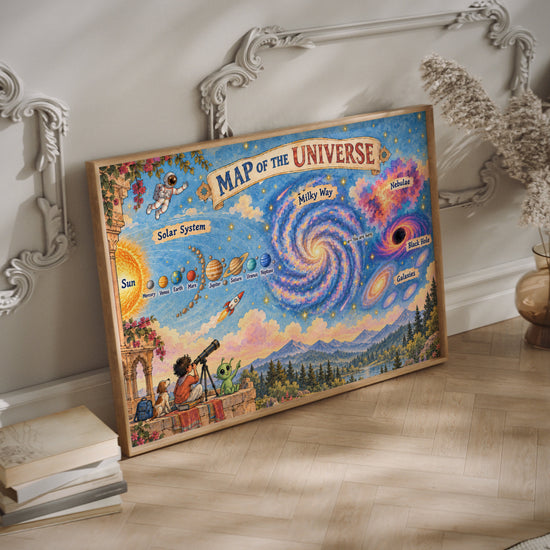 A framed colorful poster titled 'Map of the Universe' in a wood frame