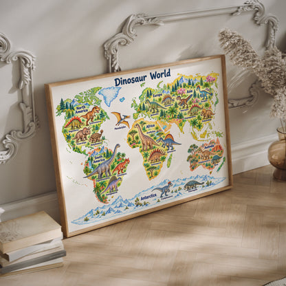 A framed educational world map poster titled 'Dinosaur World' showing colorful illustrated continents with dinosaurs, mountains, and polar ice