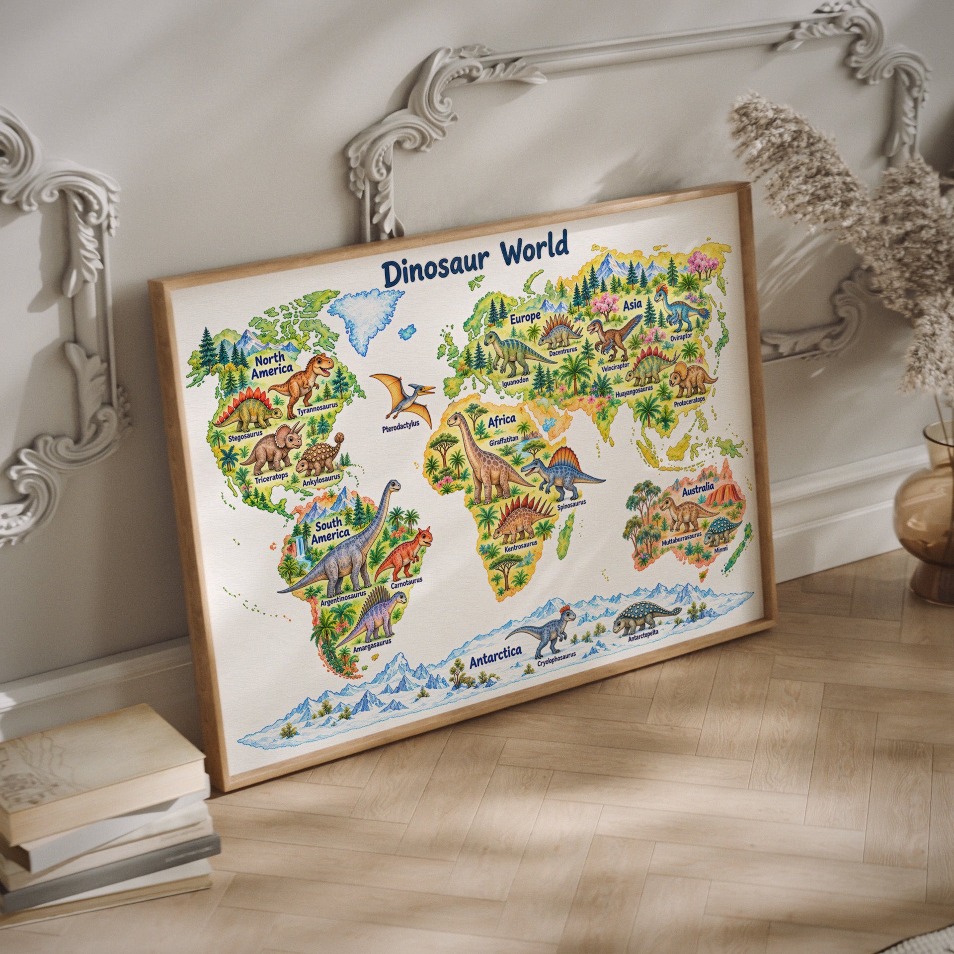 A framed educational world map poster titled 'Dinosaur World' showing colorful illustrated continents with dinosaurs, mountains, and polar ice