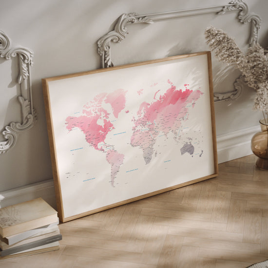 Pink watercolor world map wall art