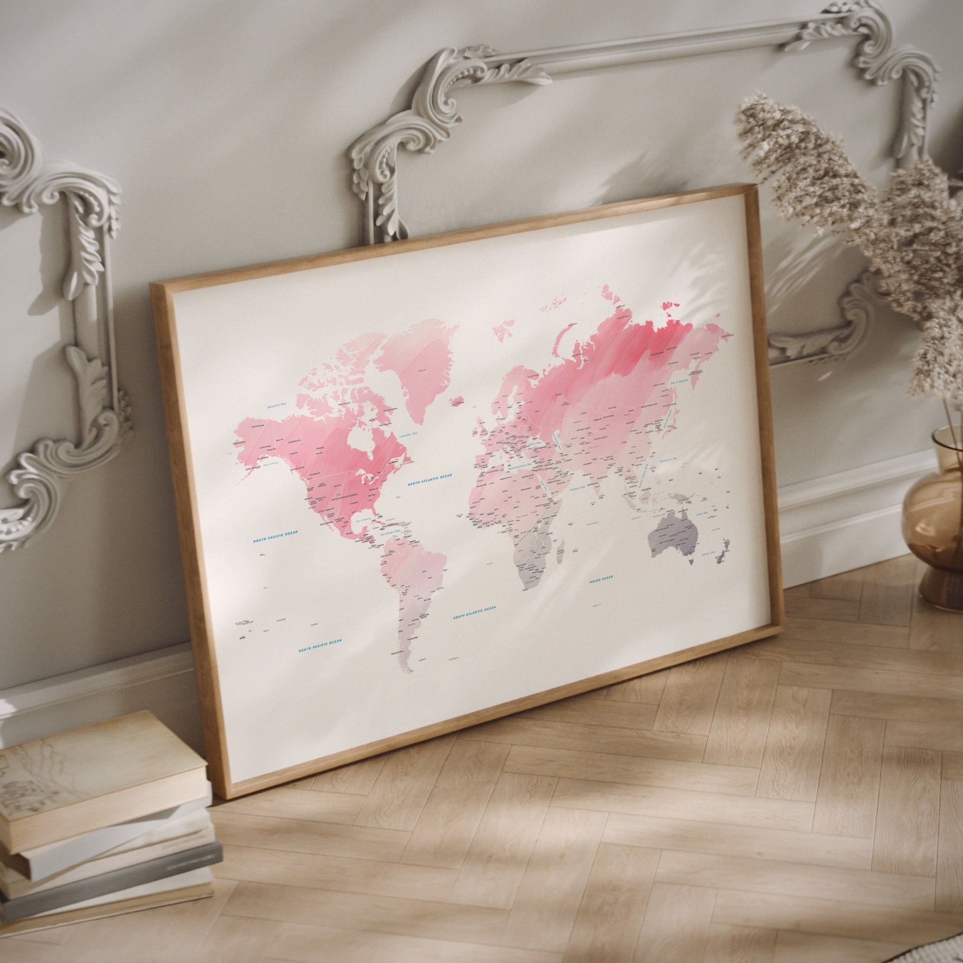 Pink watercolor world map wall art
