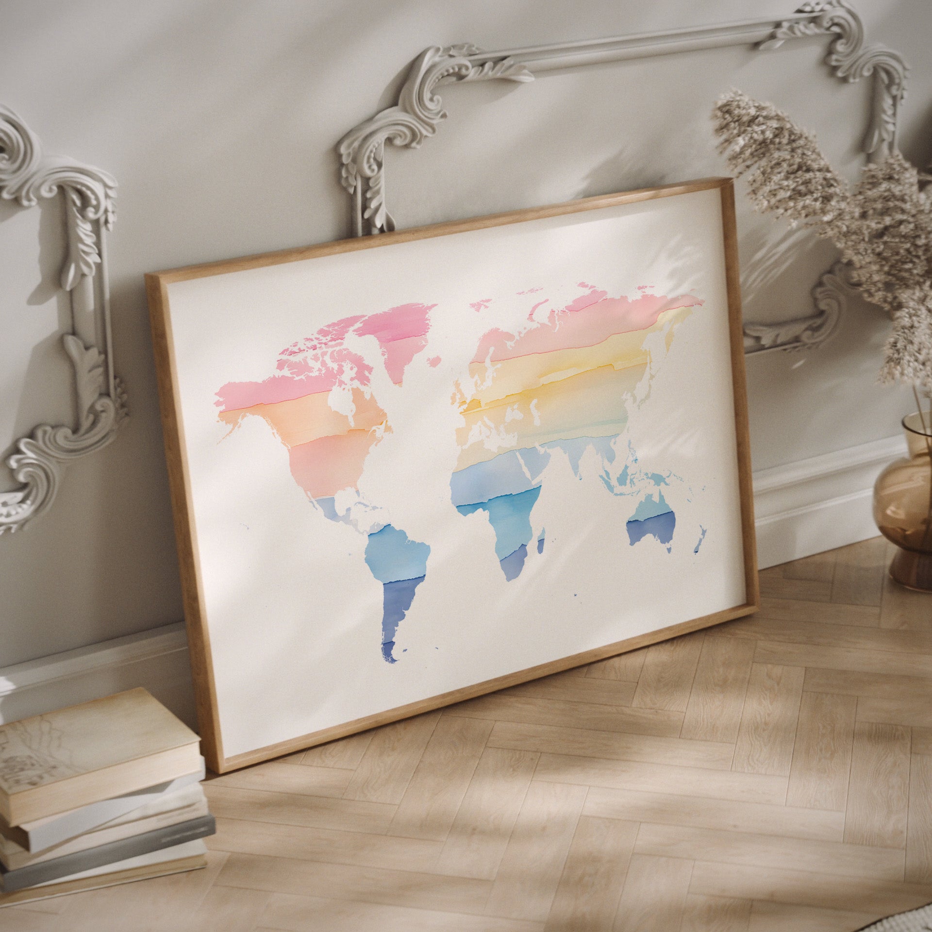 Rainbow watercolor world map art in a wood frame