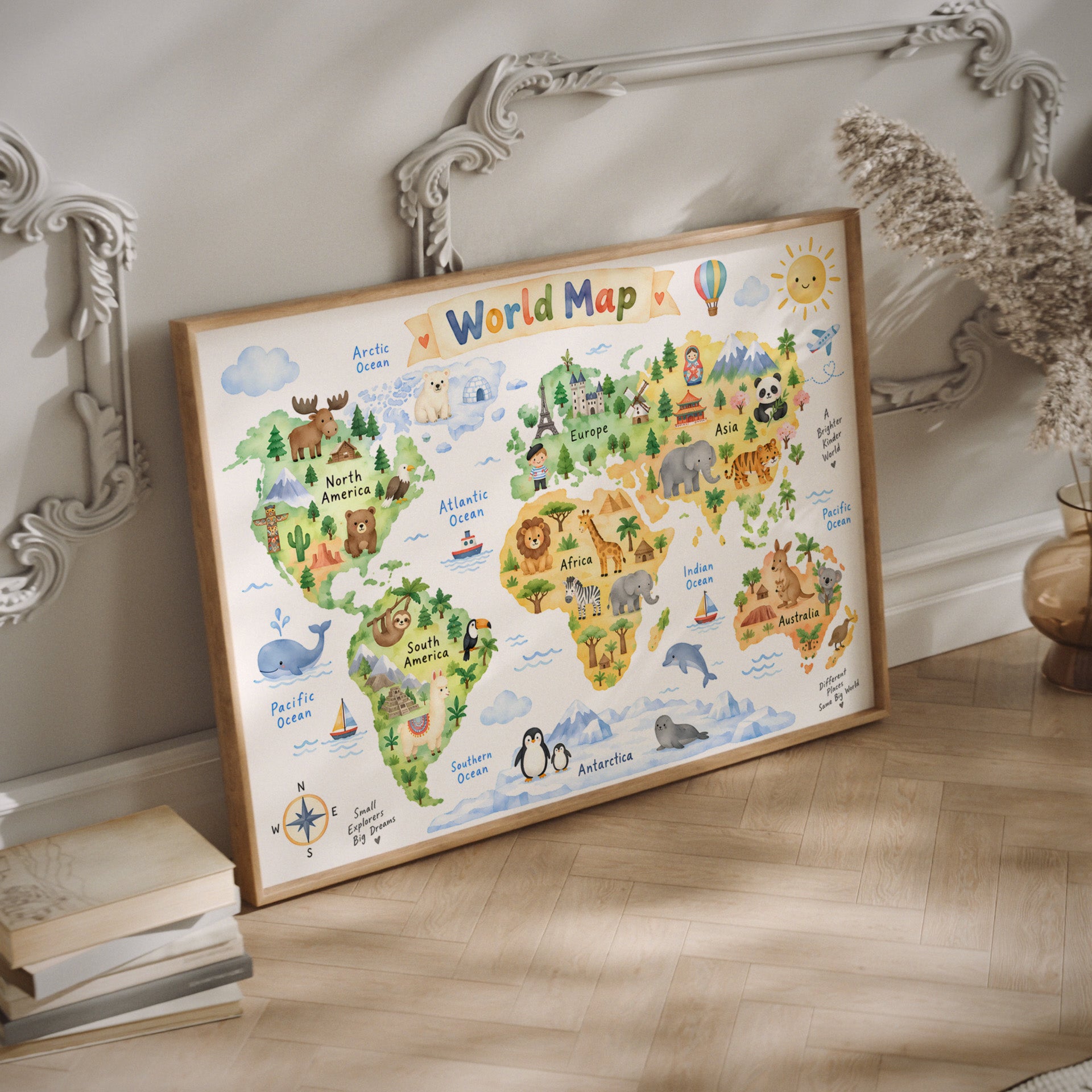 Wold map with animals print in a wood frame