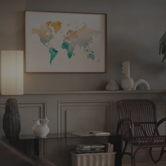 Watercolor world map poster.