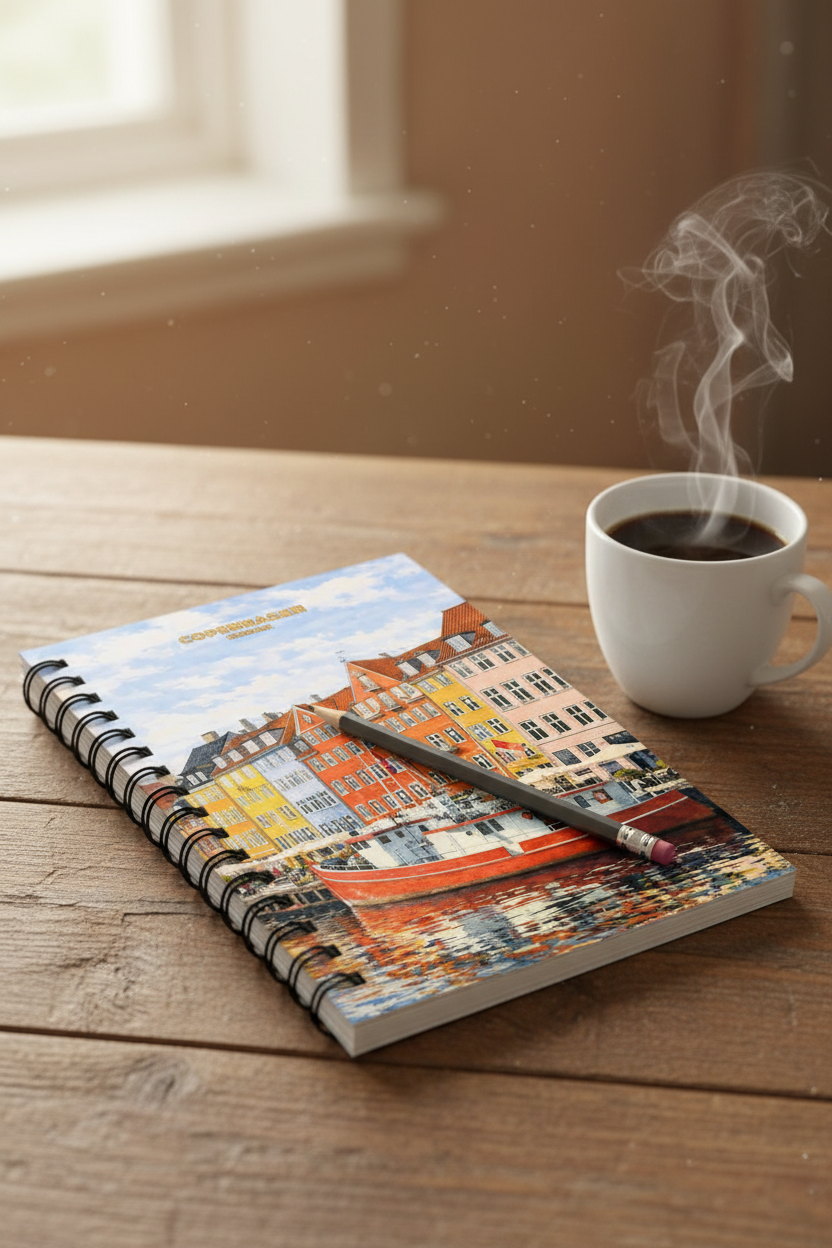 A spiral-bound notebook with a colorful city harbor illustration lies on a wooden table next to a white cup of coffee with visible steam. A pencil rests across the notebook.