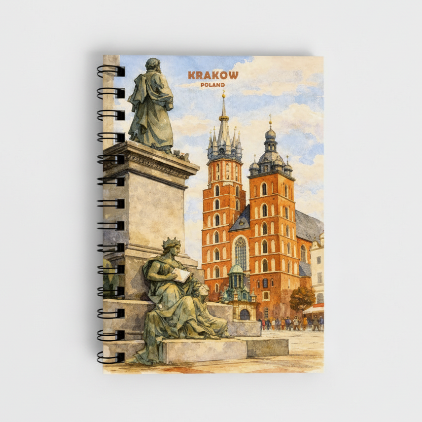 A spiral-bound notebook featuring a watercolor-style illustration of Krakow, Poland, with statues and the St. Mary's Basilica in the background, shown on a light gray background.