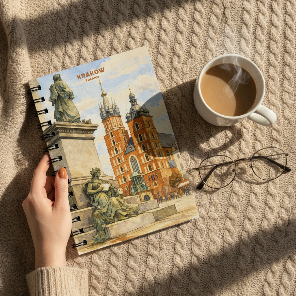 A hand holds a spiral-bound notebook featuring a watercolor-style illustration of Krakow, Poland, with the word 'KRAKOW' printed at the top. The notebook is styled on a beige cable-knit blanket alongside a white cup of coffee, eyeglasses, and dappled sunlight.