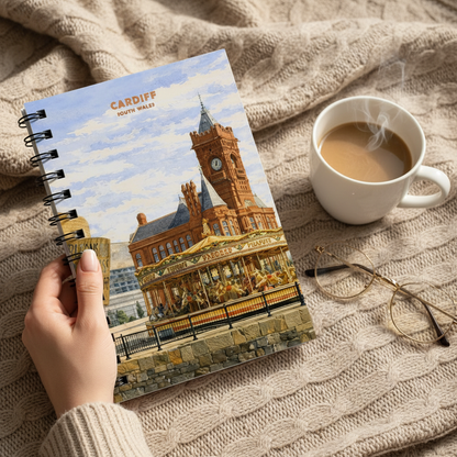 A hand holds a spiral-bound notebook featuring an illustrated Cardiff clock tower scene, styled on a beige knit blanket beside a cup of tea and eyeglasses.