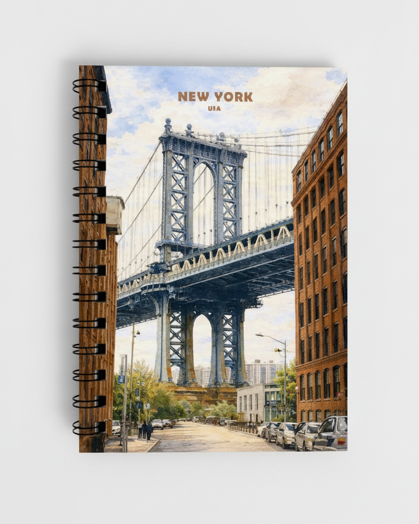 A spiral-bound notebook featuring a watercolor-style illustration of the Manhattan Bridge in New York City, with the text 'NEW YORK UIA' at the top. The cover shows brick buildings, a street scene, and the bridge under a cloudy sky.