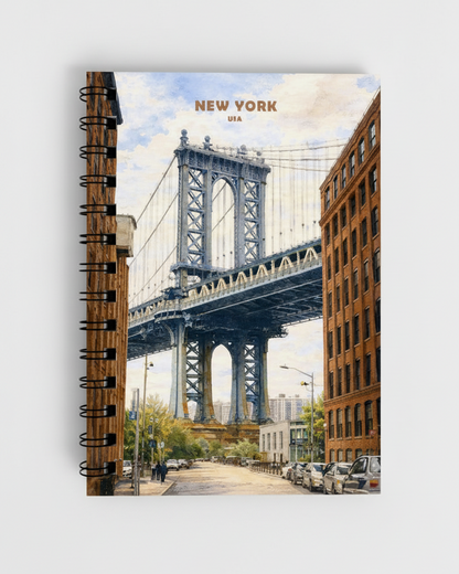 A spiral-bound notebook featuring a watercolor-style illustration of the Manhattan Bridge in New York City, with the text 'NEW YORK UIA' at the top. The cover shows brick buildings, a street scene, and the bridge under a cloudy sky.