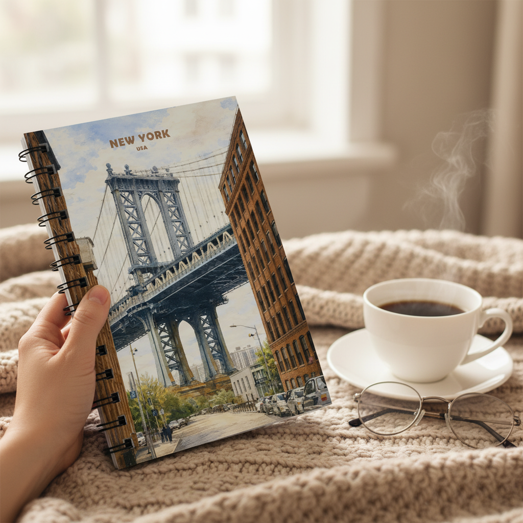 A hand holds a spiral-bound notebook featuring a New York City street scene with the Manhattan Bridge. The notebook is styled on a chunky knit blanket next to a white cup of coffee, a pair of eyeglasses, and a soft window background.