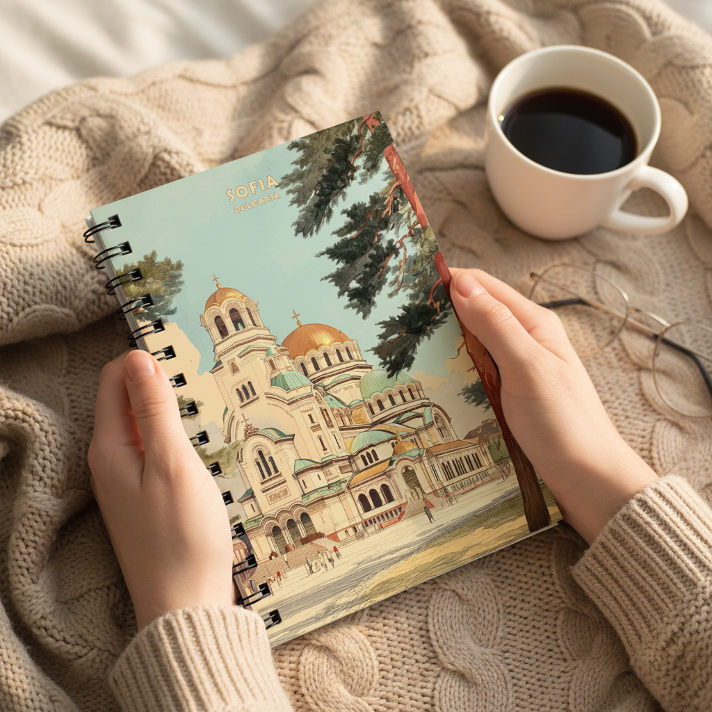 A person holds a spiral-bound notebook featuring an illustration of a cathedral in Sofia, Bulgaria, resting on a cozy beige cable-knit blanket next to a cup of black coffee and eyeglasses.