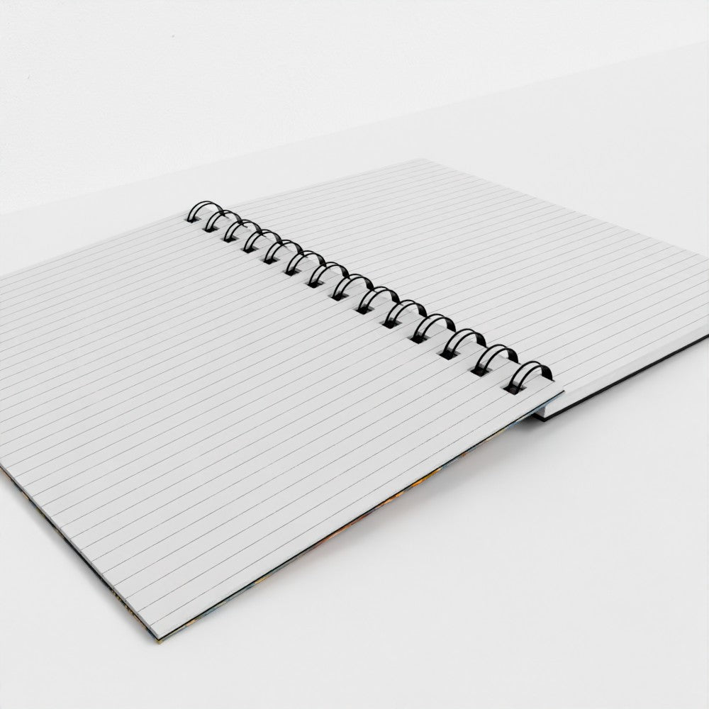 A white ruled spiral notebook with a black metal coil binding, shown open on a clean white background.