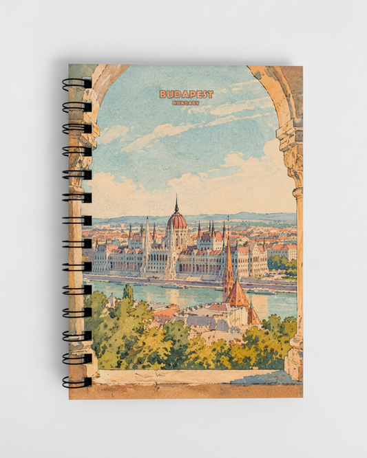 A spiral-bound notebook featuring a vintage-style watercolor illustration of Budapest, Hungary, framed by an archway view of the cityscape and river.