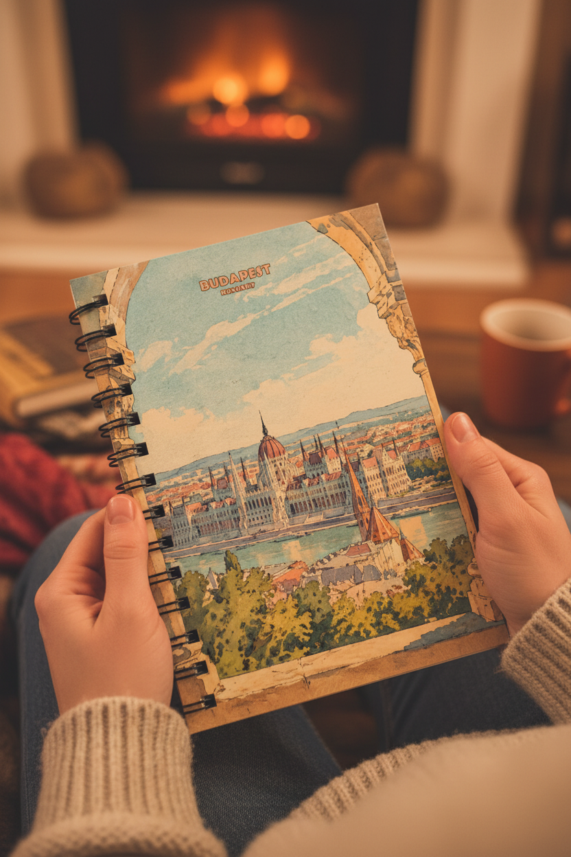 A person holding a spiral-bound notebook with a colorful illustration of the Budapest Parliament Building and Danube River, photographed in a cozy indoor setting with a blurred fireplace in the background.
