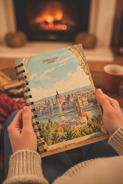 A person holding a spiral-bound notebook with a colorful illustration of the Budapest Parliament Building and Danube River, photographed in a cozy indoor setting with a blurred fireplace in the background.