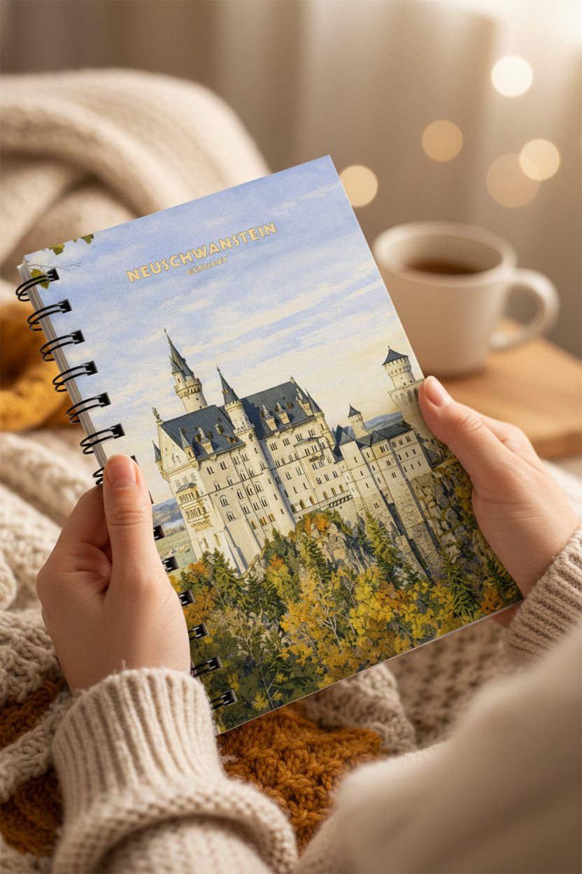 A person holds a spiral-bound notebook featuring a watercolor painting of Neuschwanstein Castle in Germany. The scene is cozy, with a white mug of coffee on a wooden table in the background and warm bokeh string lights, all wrapped in a cream knit blanket.