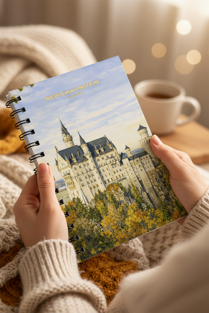 A person holds a spiral-bound notebook featuring a watercolor painting of Neuschwanstein Castle in Germany. The scene is cozy, with a white mug of coffee on a wooden table in the background and warm bokeh string lights, all wrapped in a cream knit blanket.