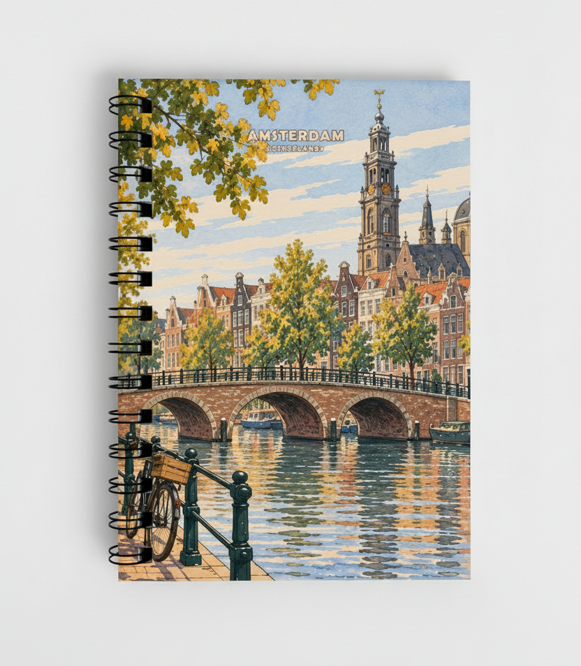 A spiral-bound notebook featuring a vintage-style illustration of Amsterdam, with a bridge over water, canal houses, trees, and a bicycle in the foreground, shown on a light gray background.