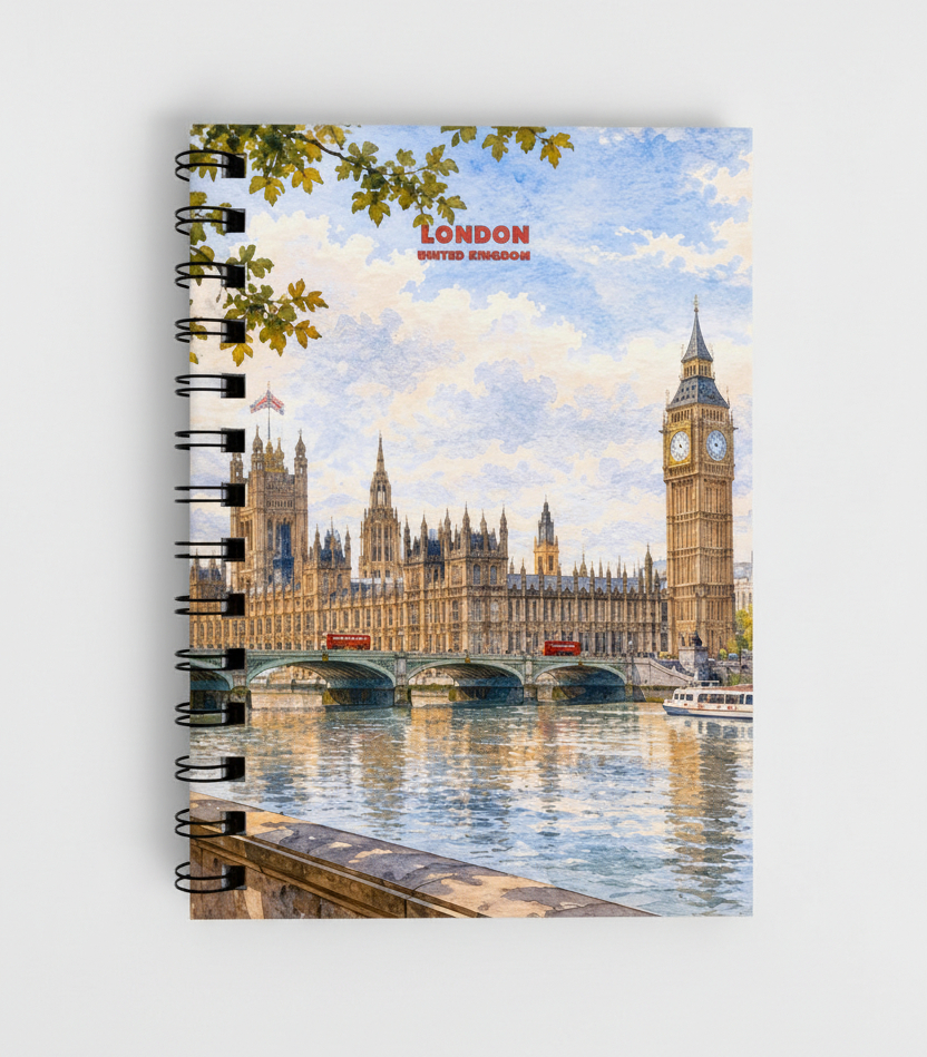 A spiral-bound notebook featuring a scenic painting of London, with Big Ben and the Houses of Parliament by the Thames. The cover has a watercolor-style sky and includes the text 'LONDON UNITED KINGDOM' near the top.