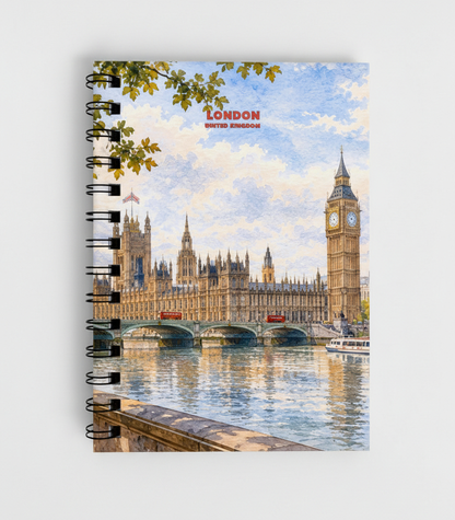 A spiral-bound notebook featuring a scenic painting of London, with Big Ben and the Houses of Parliament by the Thames. The cover has a watercolor-style sky and includes the text 'LONDON UNITED KINGDOM' near the top.