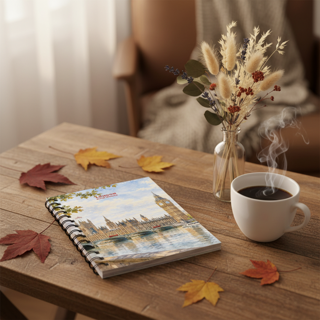 A spiral-bound notebook with a London-themed cover design sits on a wooden table beside a white cup of coffee and a small vase of dried flowers, with scattered autumn leaves around it.