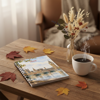 A spiral-bound notebook with a London-themed cover design sits on a wooden table beside a white cup of coffee and a small vase of dried flowers, with scattered autumn leaves around it.