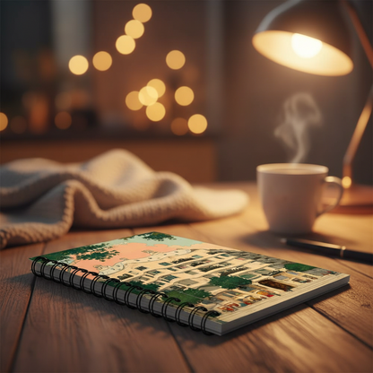 A spiral-bound notebook with a colorful illustration of a building and trees sits on a wooden table in a cozy room setting. A lit desk lamp, a white mug with steam, and a soft blanket are blurred in the background.