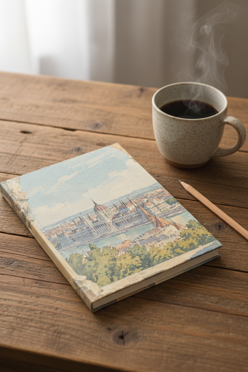 A hardcover notebook or journal featuring a vintage-style watercolor illustration of Budapest, Hungary, including the Hungarian Parliament Building, Danube River, and green trees, shown against a plain white background.