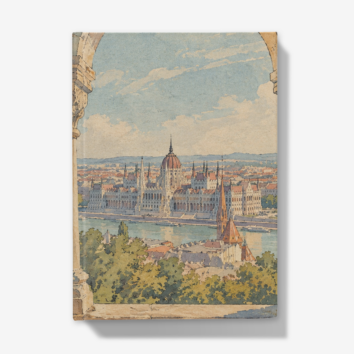 A hardcover notebook or journal featuring a vintage-style watercolor illustration of Budapest, Hungary, including the Hungarian Parliament Building, Danube River, and green trees, shown against a plain white background.